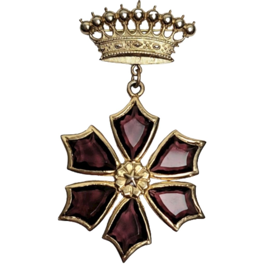 Accessocraft 1960s Gold Tone Crown Bar Red Bezel Glass Flower Brooch/Pendant